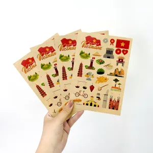 Bộ 2 tấm sticker "Around Vietnam" với 28 hình dán độc quyền, mang đến những góc nhìn rực rỡ về Việt Nam, thích hợp trang trí sổ tay và làm quà lưu niệm ý nghĩa.