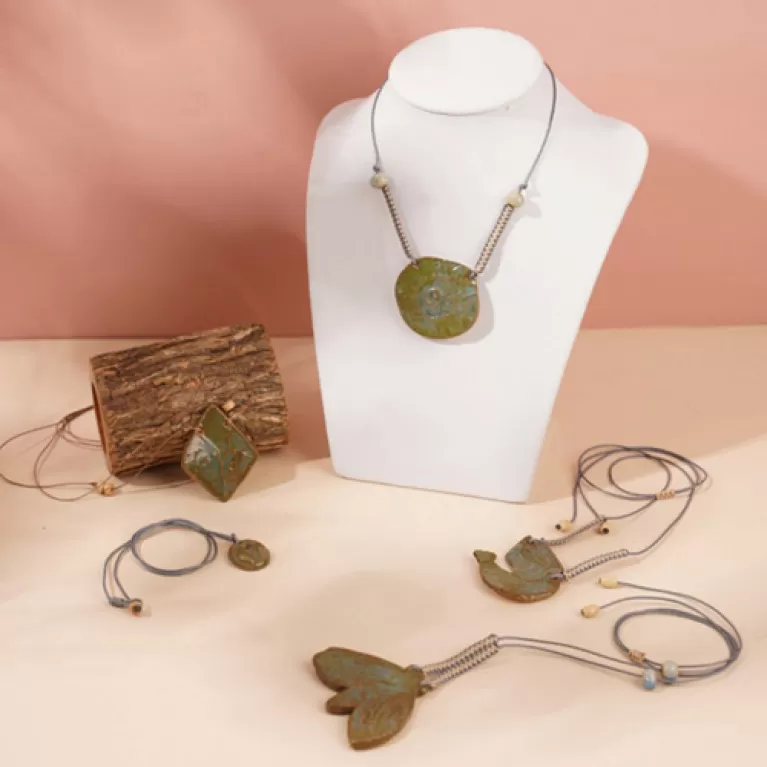 vintage green moss clay necklaces, raku ceramic material, rustic design, gentle colors, minimalist style
