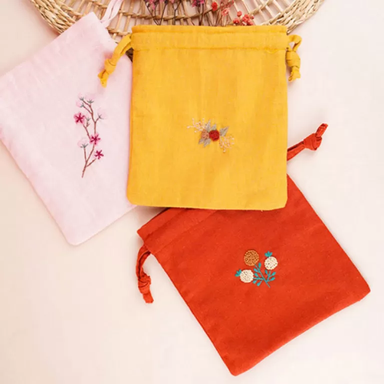 mini linen drawstring bag, charming embroidered flower pattern, various lovely colors, soft and durable linen fabric