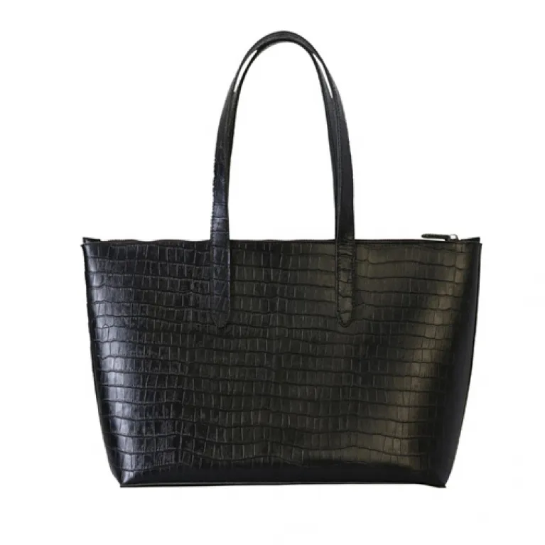 zipped regent croc-embossed leather tote bag, classic black color, both edgy and elegant style, spacious main compartment, fits a laptopzipped regent croc-embossed leather tote bag, classic black color, both edgy and elegant style, spacious main compartment, fits a laptop