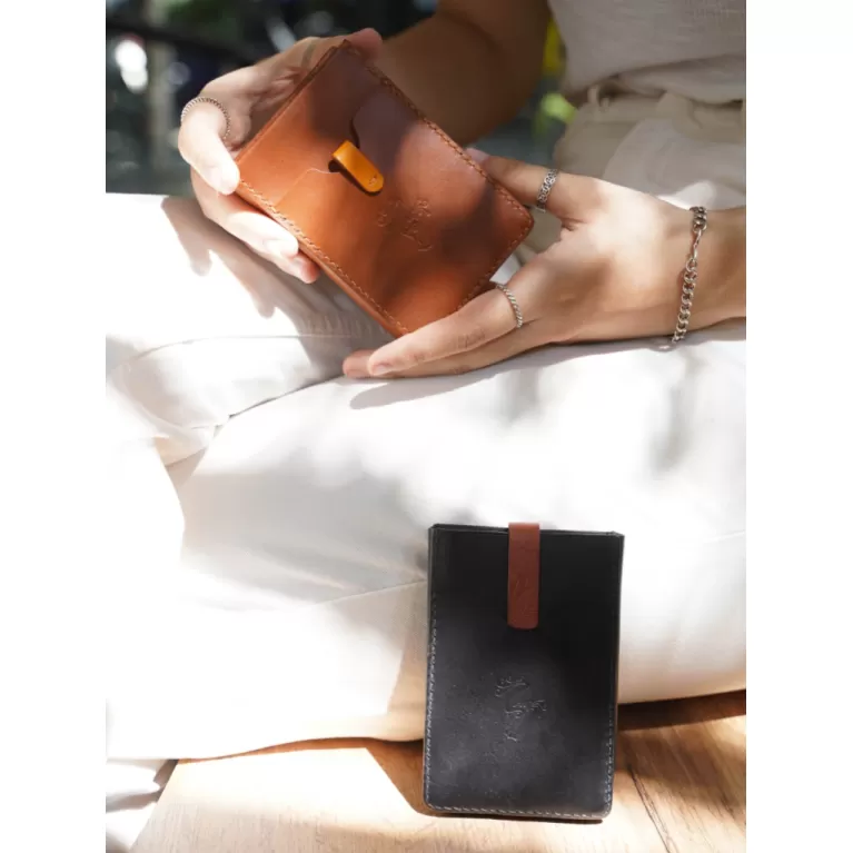 card holder wallet, square box-like design, premium european leather material, classic and elegant color scheme