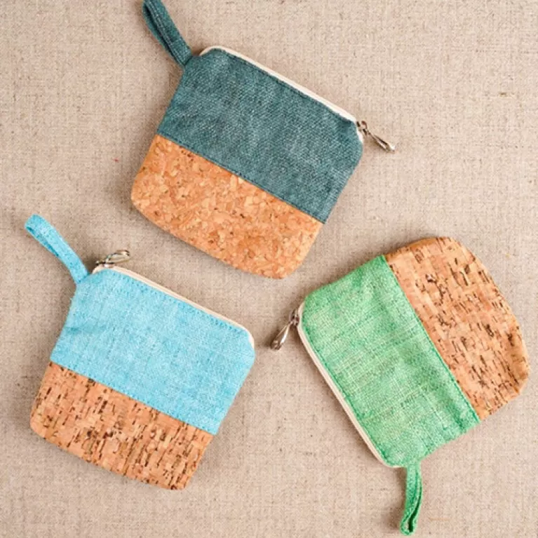 hemp cork pouch - small size, compact design, natural materials, chemical-free, minimalist design, vibrant colors