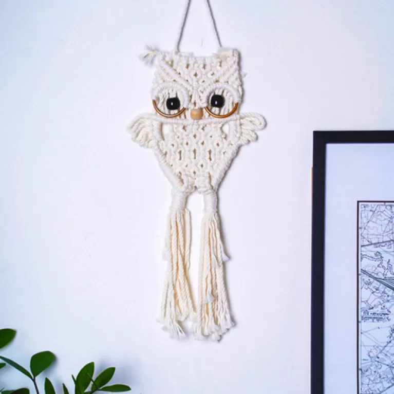 cú treo tường macrame, thiết kế đáng yêu, trang trí nhà cửa, an toàn cho trẻ, sản phẩm thủ công, sản xuất bền vững