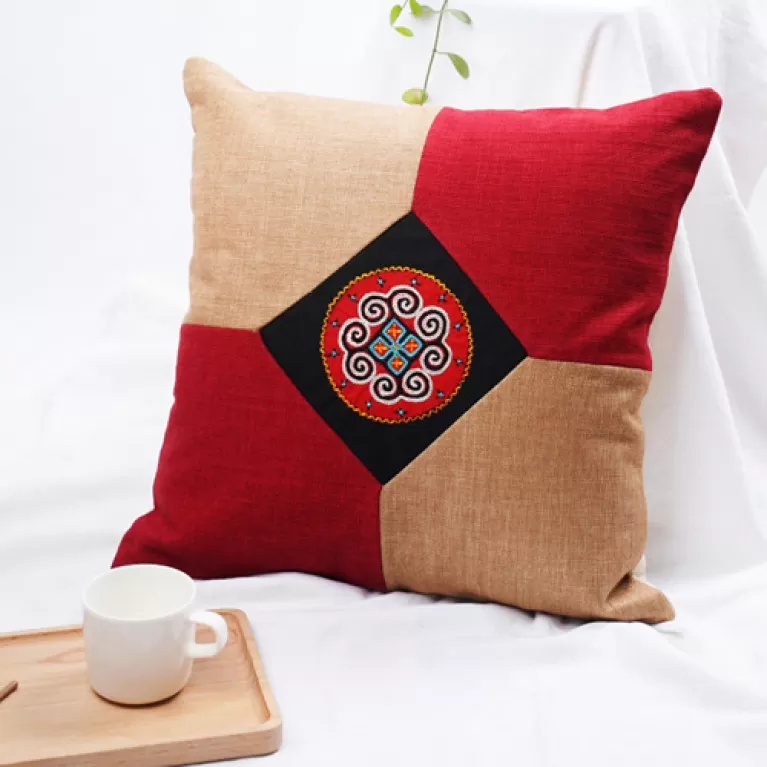 hmong brocade pillow covers, traditional hmong patterns, elaborate embroidery, soft material, natural dye colors, handcrafted product