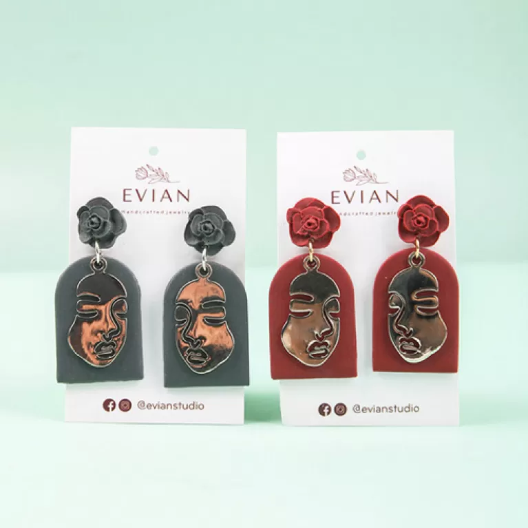 “calm” lady & flower clay earrings, unique and distinctive accessories, high durability, ideal gift for independent girls