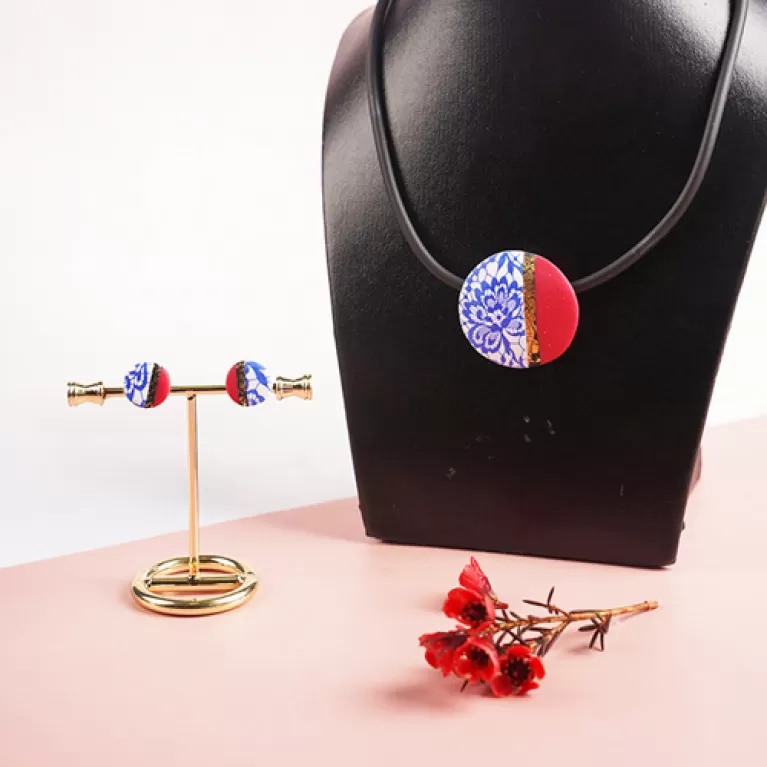 red & blue clay necklace & earrings, small round shapes, clay material, high durability, traditional and classic style