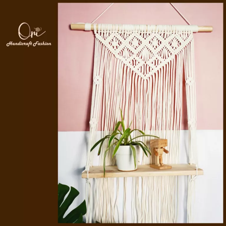 kệ treo tường macrame một tầng, gỗ thông tự nhiên, hoạ tiết thắt nút từ cotton cao cấp, tiết kiệm không gian, điểm nhấn xinh xắn cho căn nhà