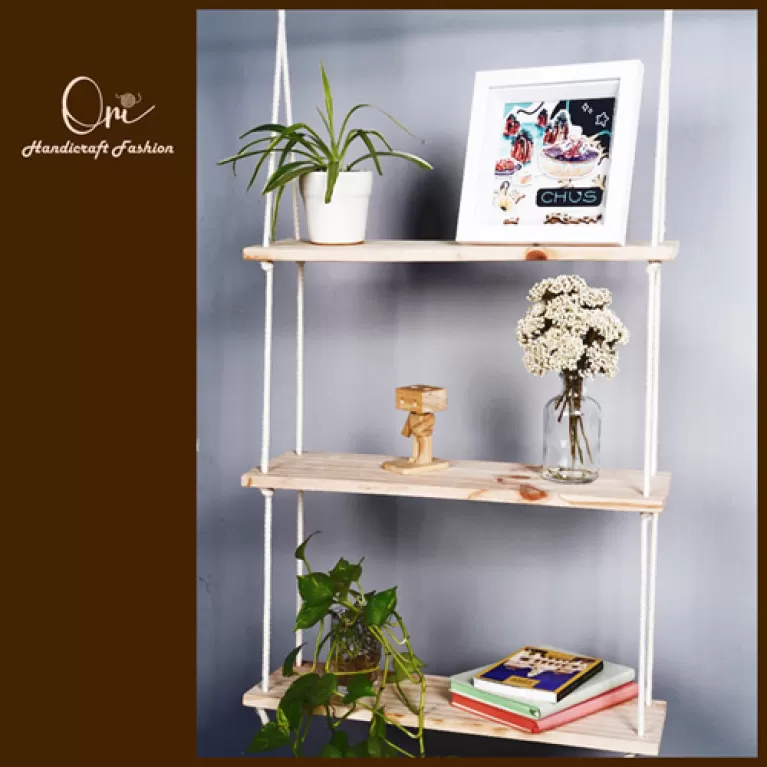 swing cotton hanging shelf, natural pine wood, handcrafted, minimalist style, easy to install, decorative furniture