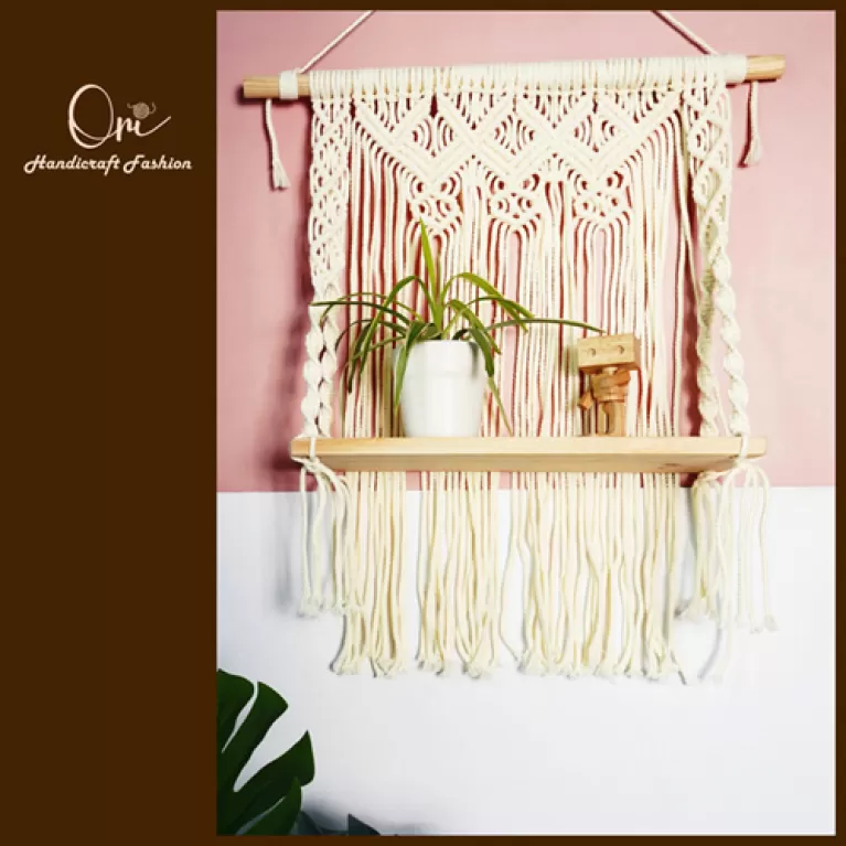 kệ treo tường macrame một tầng, gỗ thông tự nhiên, hoạ tiết thắt nút từ cotton cao cấp, tiết kiệm không gian, điểm nhấn xinh xắn cho căn nhà