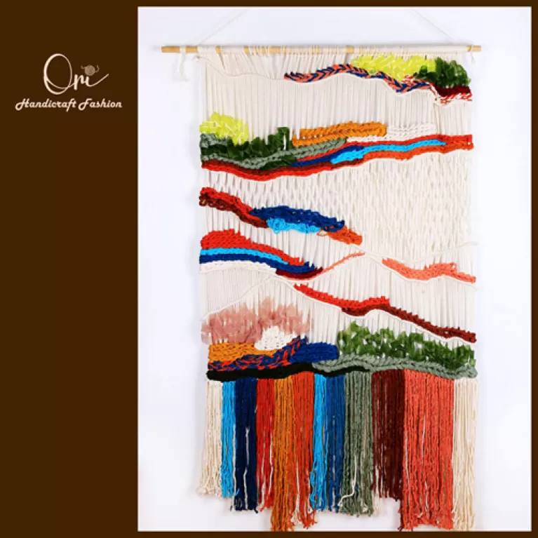colorful macrame wall hanging decor, elegant color combination, intricate macrame knotting technique, unique design