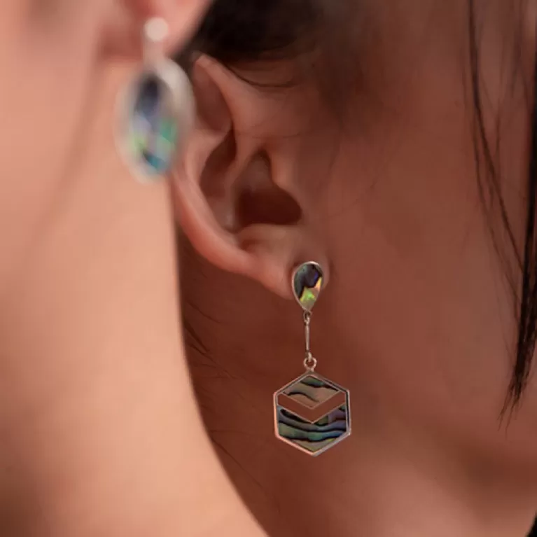 abalone shell earrings, leaves & drop of heaven collection, hexagonal and oval design, intriguing accessories, natural colors