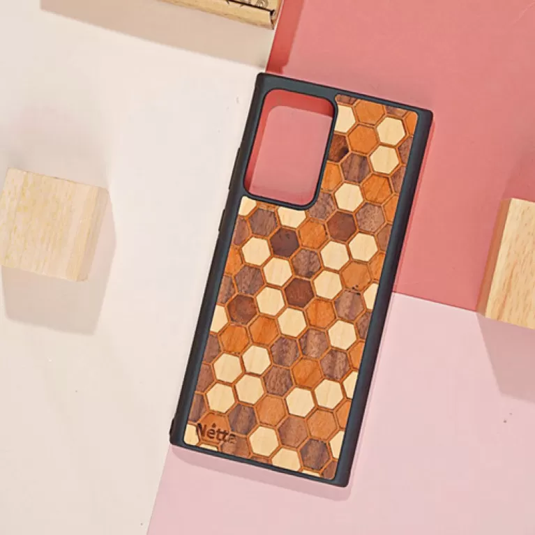 beehive wooden phone cases, unique design, contrasting colors from different wood types, natural wood material, color-fast over time