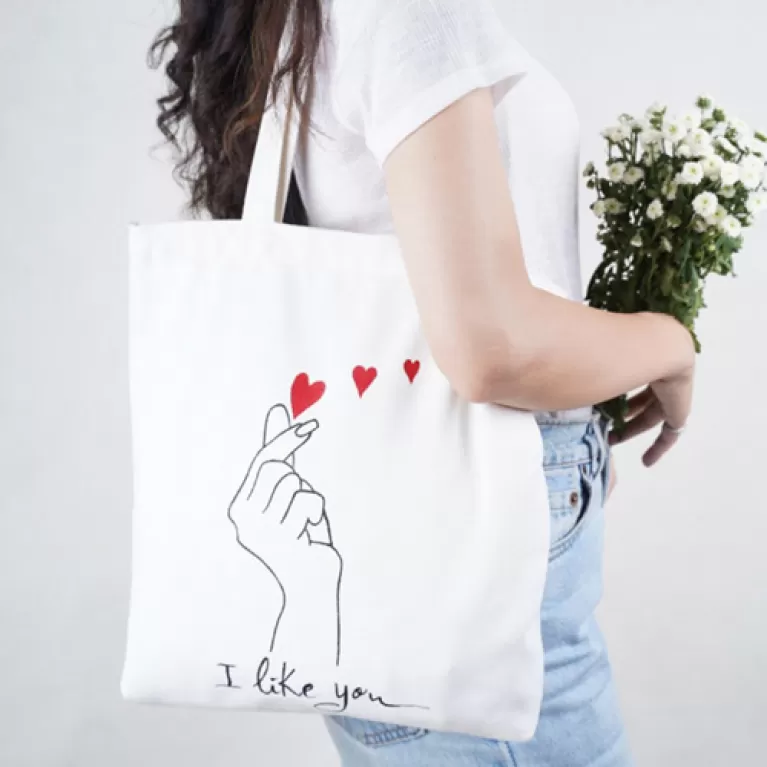túi tote vẽ tay i like you, túi tote handmade, họa tiết dễ thương, chất liệu sợi cotton tổng hợp, đường may chắc chắn, handmade, hanako shop, chus