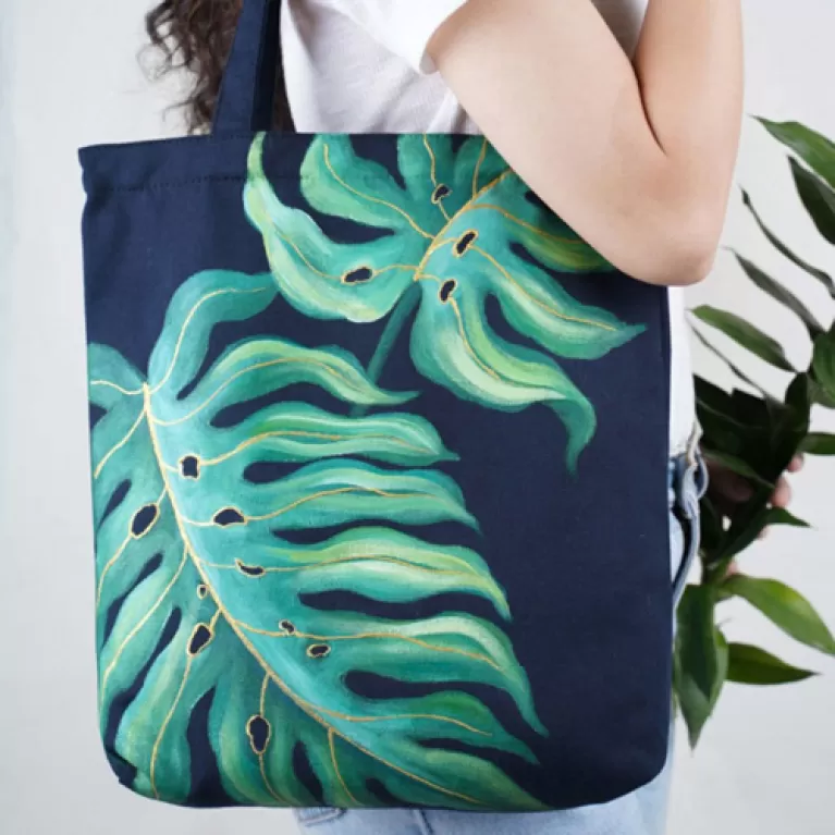 túi tote vẽ tay, bộ sưu tập lá vàng, túi tote handmade, họa tiết vẽ tay hình chiếc lá, túi bền đẹp không bay màu, handmade, hanako shop, chus