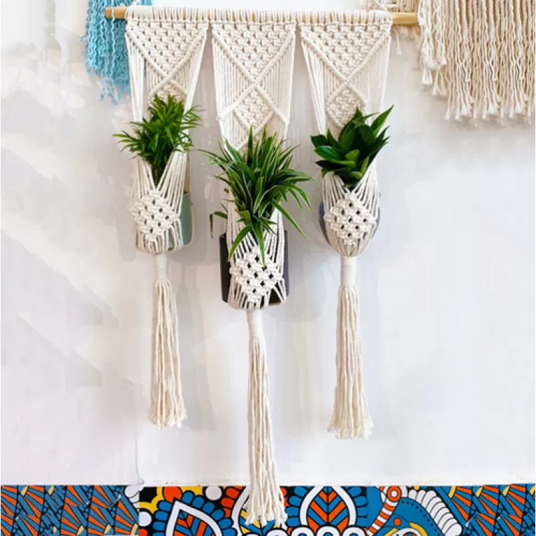 macrame plant hanger, 3 pots, smart design, space-saving, decor for green spaces, handmade product, sustainable production