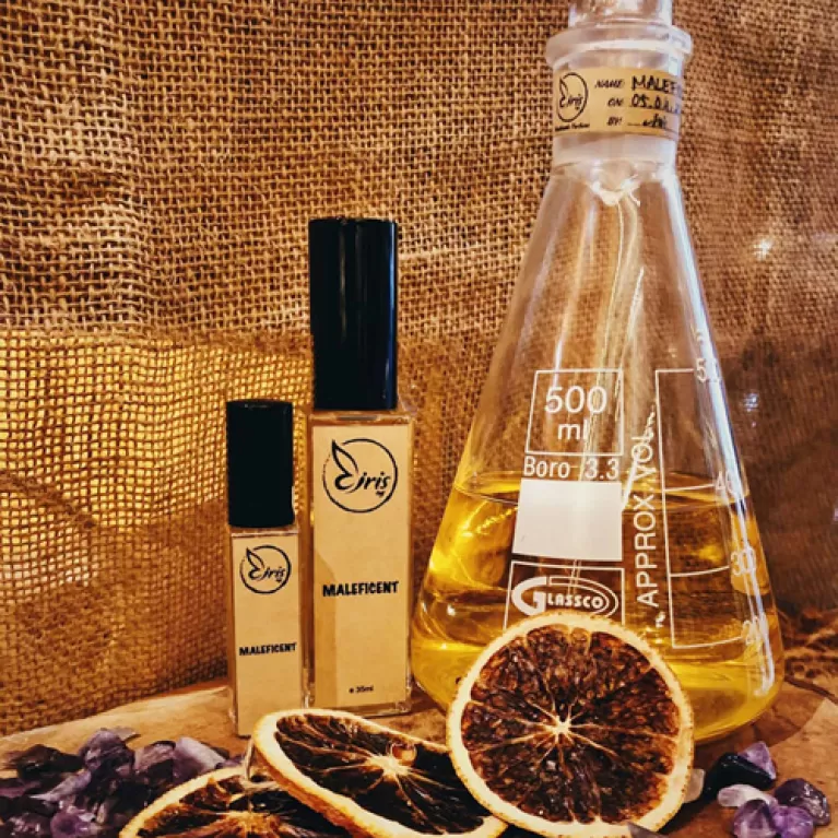 maleficent perfume, handmade perfume, domestic product, distinctive scent, warm wood tone, enchanting, captivating fragrance