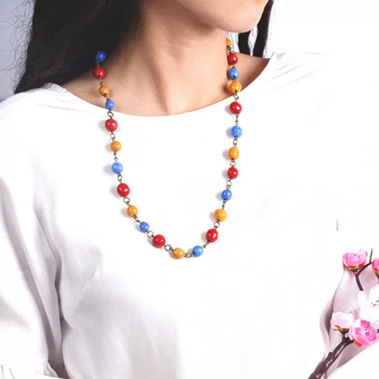 ceramic bead necklaces with copper ring, a combination of colorful ceramic beads, unique style, adds a pop of color to monochrome outfits