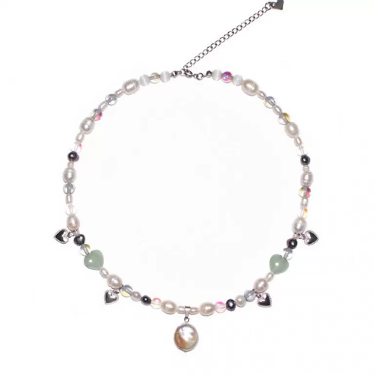 silver pearl necklace, classic beauty, sparkling colors of various stones, handmade necklace, unique design