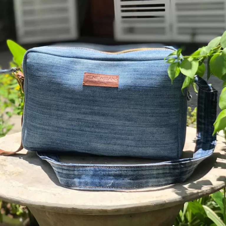 crossbody bag with leather strap from old jeans, elegant and trendy design, suitable for both school and work