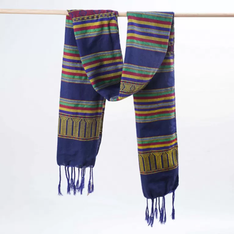 thai blue patterned scarf, vibrant stripe pattern, inspired by thai ethnic style, eye-catching and unique accessory