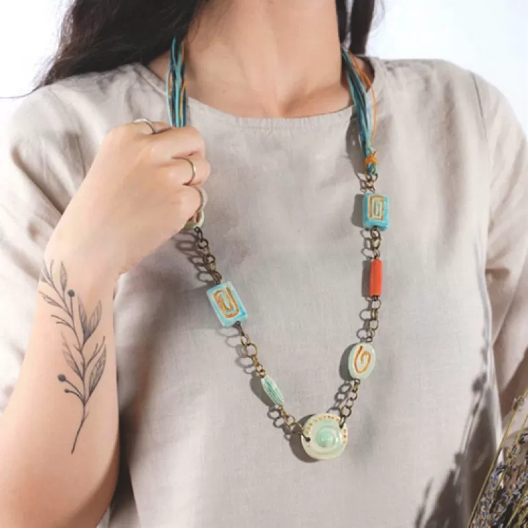 ceramic beads long necklace, intriguing spiral pattern, brass clasp, colorful cord, exquisite fashion accessory