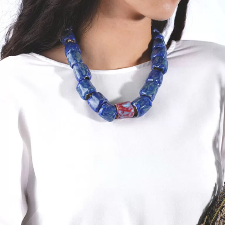 blue bamboo joint necklace, featuring unique design, glazed ceramic material, exquisite handmade accessory