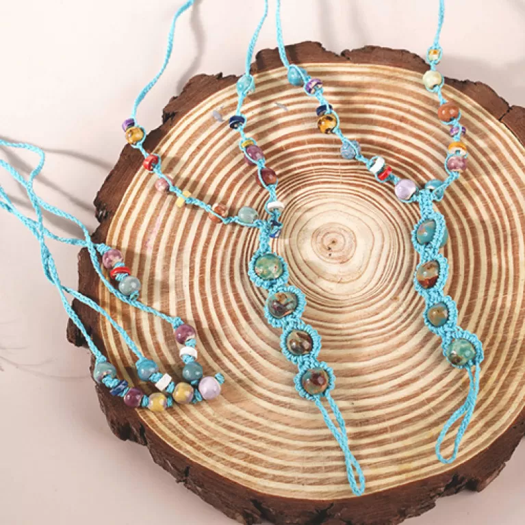sky blue ceramic bead ankle lace, unique anklet design, sturdy braided cord, diverse and vibrant colors