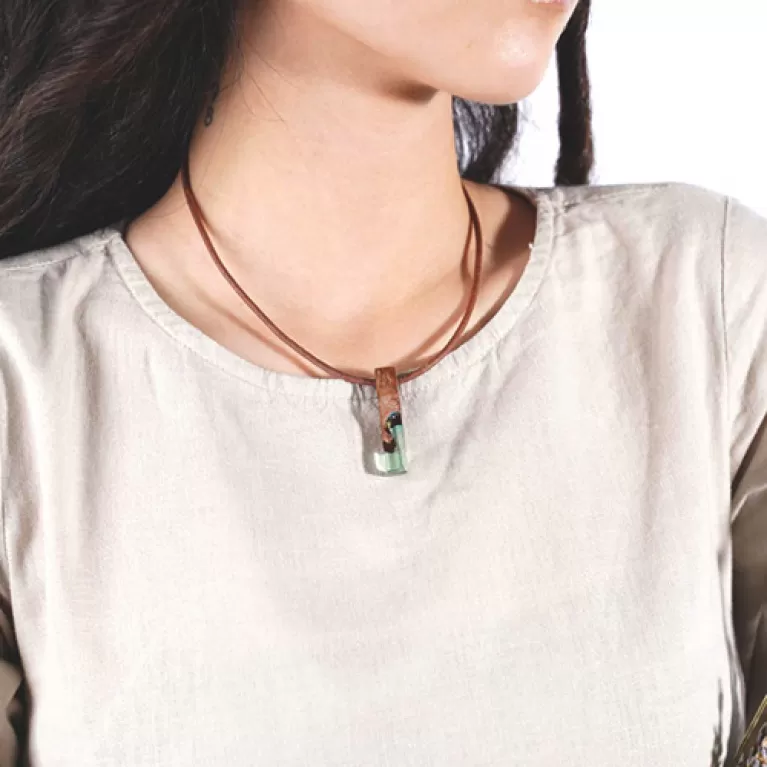 green resin leather necklace, smooth brown leather cord, resin stone pendant, bold and edgy style, fashion accessory