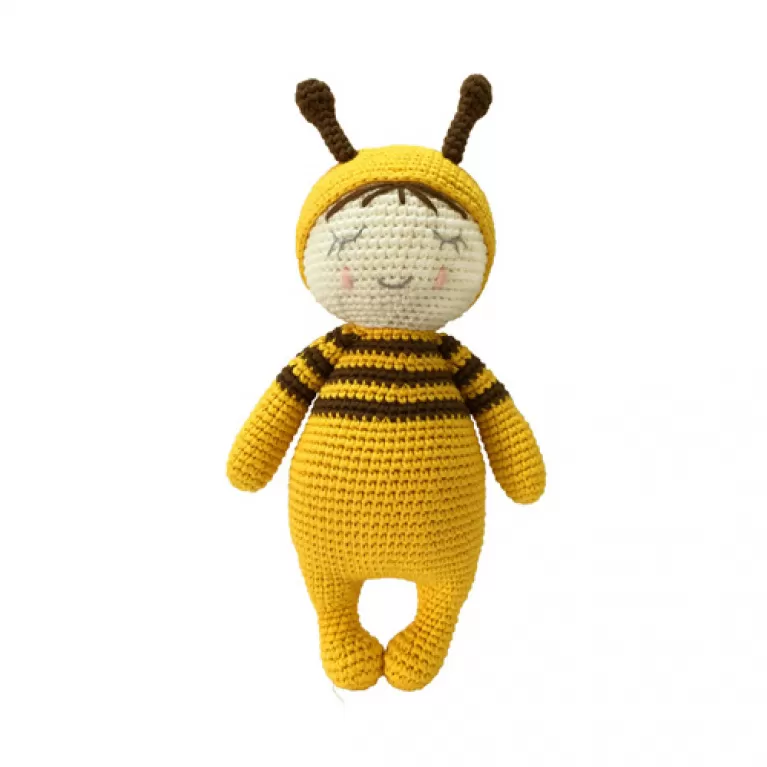 crochet bee rattle toy, yellow bee stuffed animal, woolen bee keychain, handmade fabric toy, handmade toy for kids