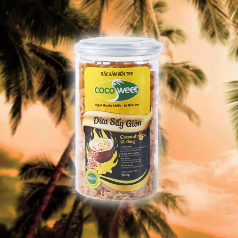 crunchy dried coconut, ginger flavored, specialty of ben tre, ben tre coconut chips, crispy coconut snacks, coconut snacks, gift for friends