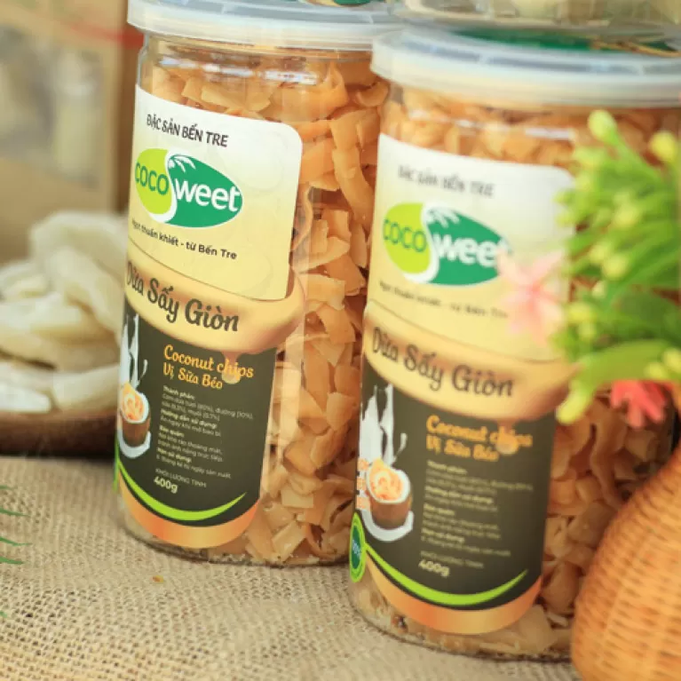 dừa sấy giòn vị sữa béo, đặc sản bến tre, dừa sấy bến tre, đồ ăn vặt thơm béo, dừa sấy giòn thơm, dừa sấy thái lát mỏng