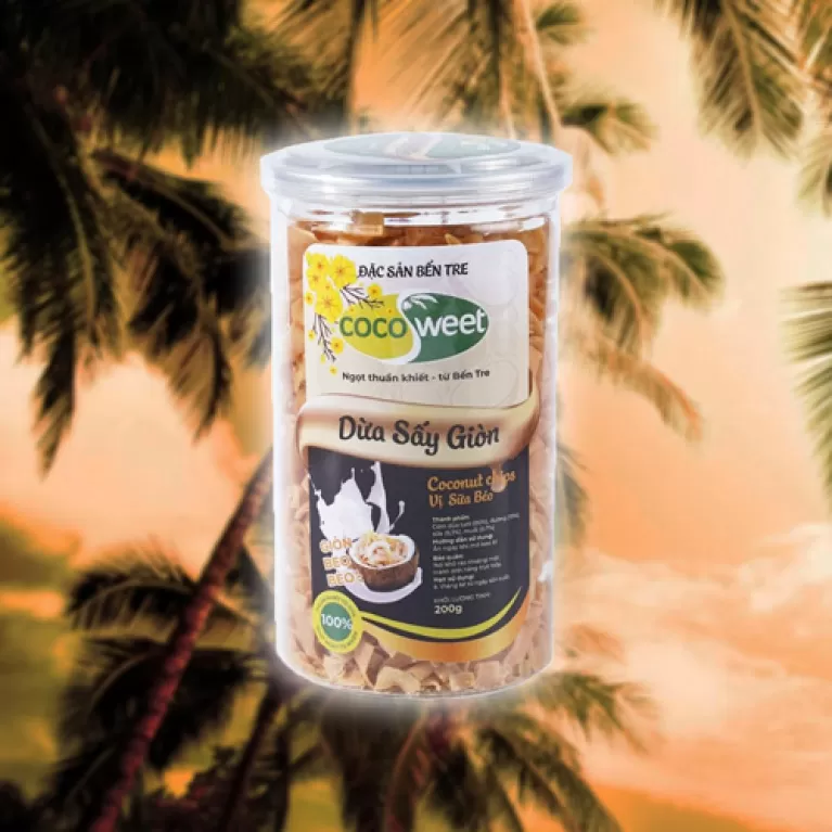 dừa sấy giòn vị sữa béo, đặc sản bến tre, dừa sấy bến tre, đồ ăn vặt thơm béo, dừa sấy giòn thơm, dừa sấy thái lát mỏng