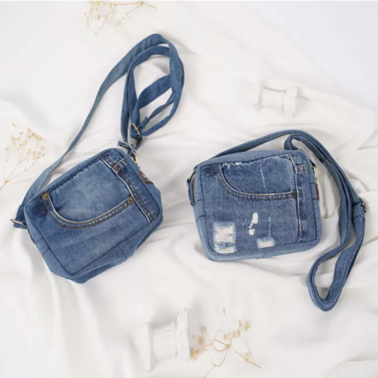 sky blue denim box bag from old jeans, compact and convenient design, spacious enough to hold many items