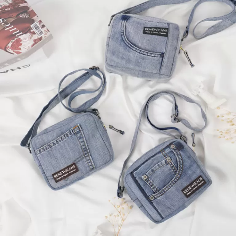 blue denim box bag from recycled jeans, compact design, high applicability, youthful and modern style