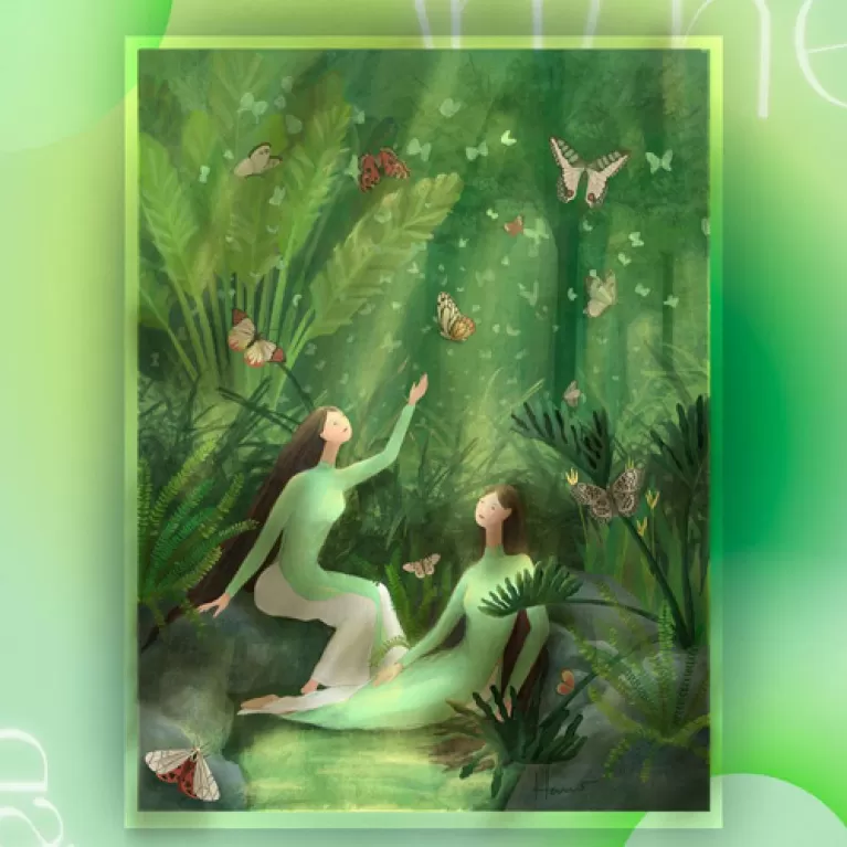 in the garden 1, tranh in kỹ thuật số trên giấy mỹ thuật, tông màu xanh lá tinh tế, nét vẽ thơ mộng và hồn nhiên