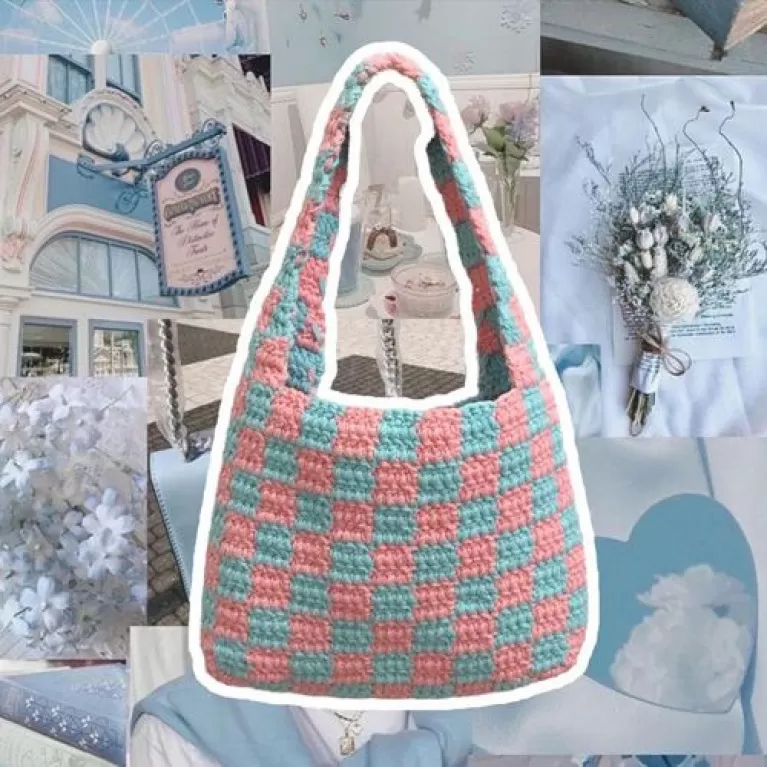 túi tote len caro hồng xanh dương, màu sắc nổi bật, chất len cotton mềm mịn, quai đeo bản rộng, phong cách năng động, thiết kế, xland, chus