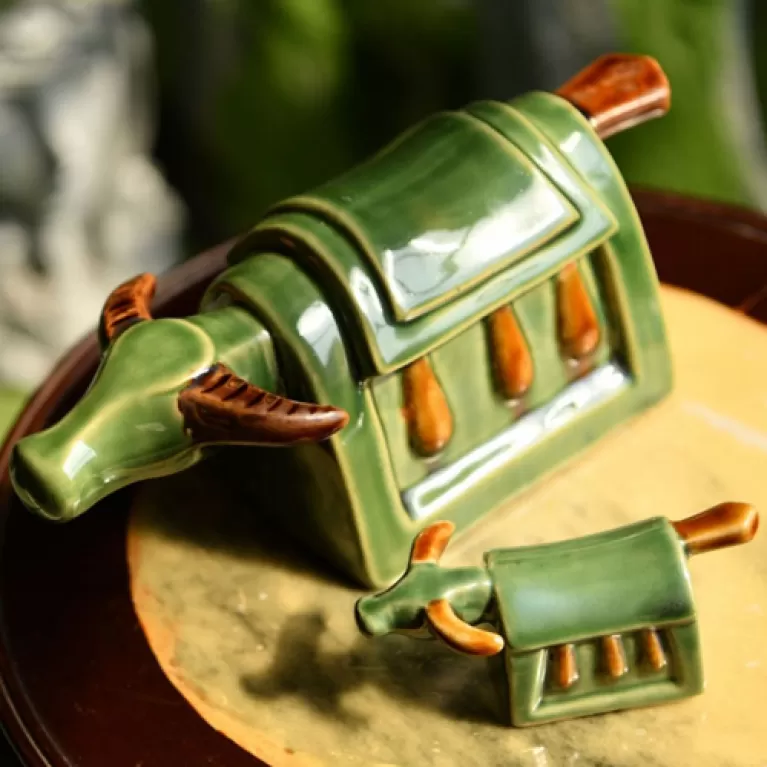 tượng trâu mõ gốm sành, màu xanh lục, hceramic, chus