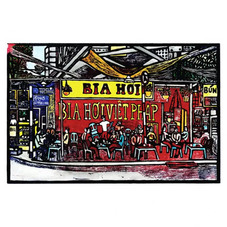 bia craft hơi hà nội, tranh in từ tranh khắc gỗ, nét đẹp hà nội, màu sắc nổi bật, giấy in chất lượng, tranh nghệ thuật