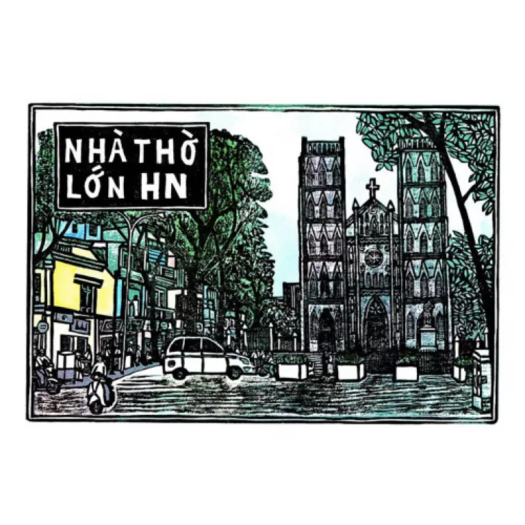 nhà thờ lớn hà nội, tranh in từ tranh khắc gỗ, khắc hoạ công trình mang tính biểu tưởng, gam màu trầm mát