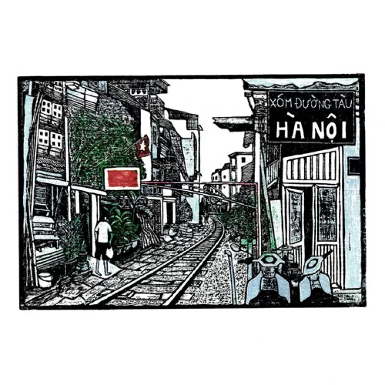 xóm đường tàu hà nội, tranh in từ tranh khắc gỗ, khung cảnh hà nội, cảnh sắc việt nam, tranh trang trí ấn tượng, quà tặng nghệ thuật