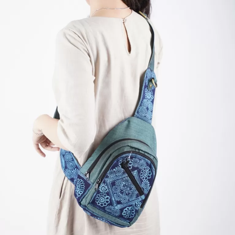 brocade & linen crossbody backpack, h'mong batik tcbls026, high durability, unique design, youthful and playful style