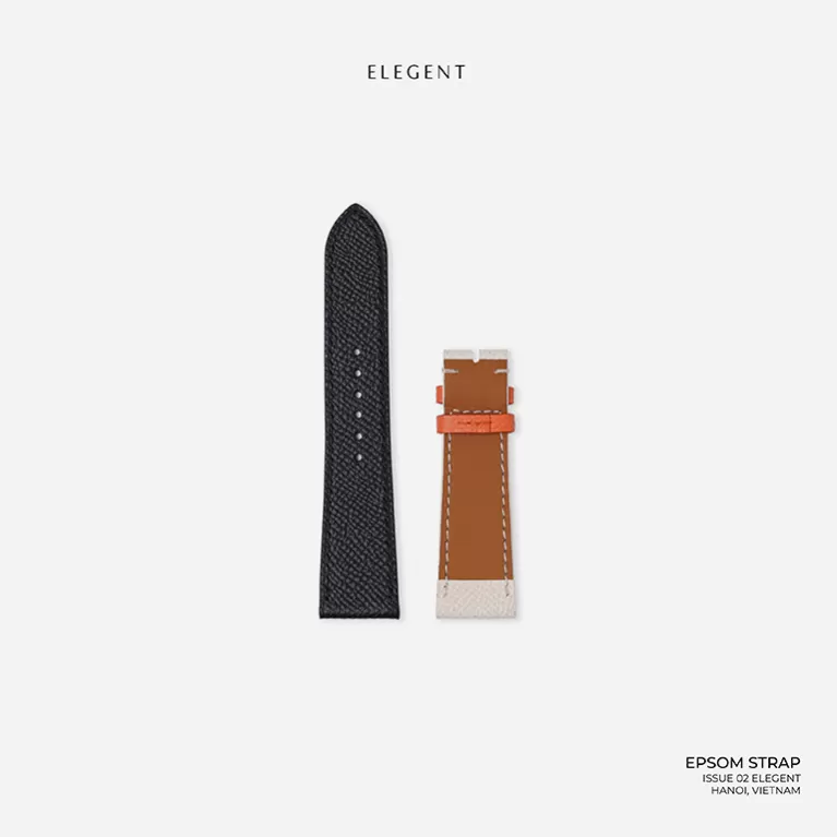 orange white black epsom leather handcrafted watch strap, modern and youthful style, unique color combination, minimalist yet not plain