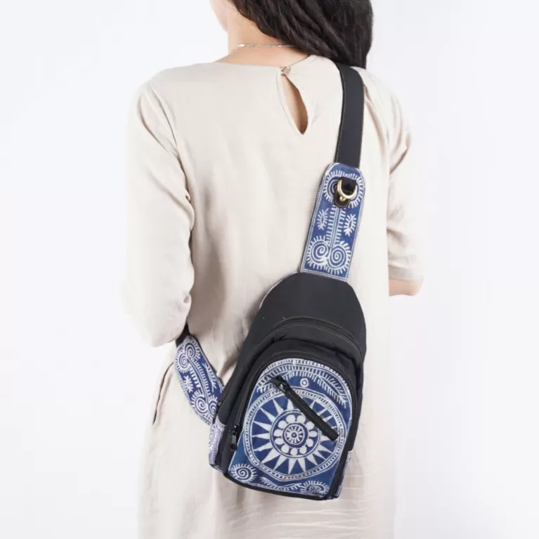 brocade & linen crossbody backpack, h'mong batik tcbls026, high durability, unique design, youthful and playful style