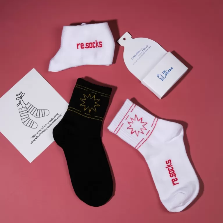 set of 3 pairs of recycled socks collection - the sun, simple patterned socks, plain socks, recycled plastic socks