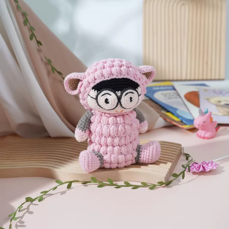 bluetooth speaker stuffed pink sheep, pink sheep storyteller, knitted plush with bluetooth speaker, safe toy, gift for kids