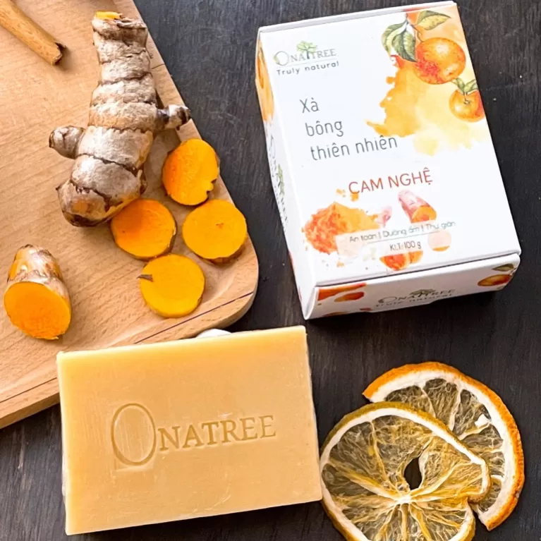xà bông thiên nhiên cam nghệ, xà phòng giảm mụn lưng, chăm sóc da dịu nhẹ, mỹ phẩm thiên nhiên, dưỡng sáng mịn da