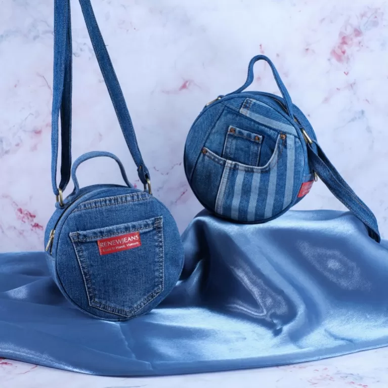 denim round bag from recycled jeans, size 18, unique and eye-catching design, compact size, modern style, perfect accent for outfits