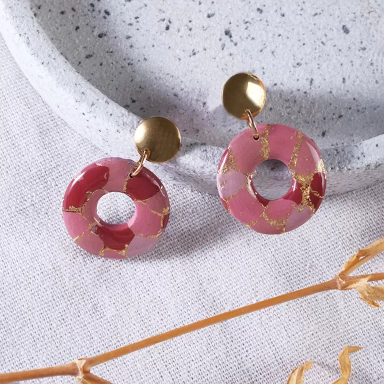 circle of life clay earrings, each color segment is pieced together with shimmering metallic edges, meaningful gift for friends