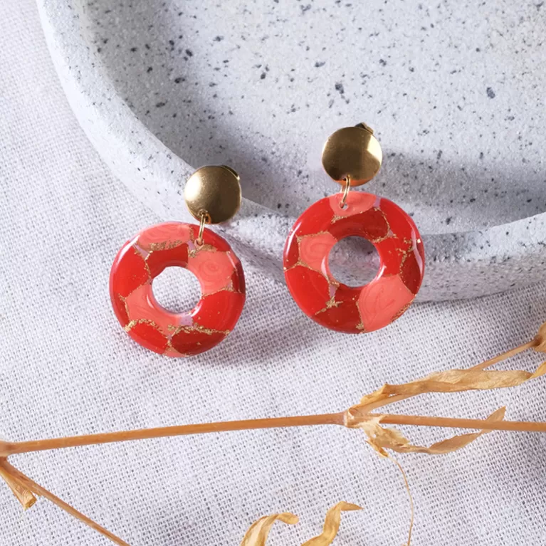 circle of life clay earrings, each color segment is pieced together with shimmering metallic edges, meaningful gift for friends