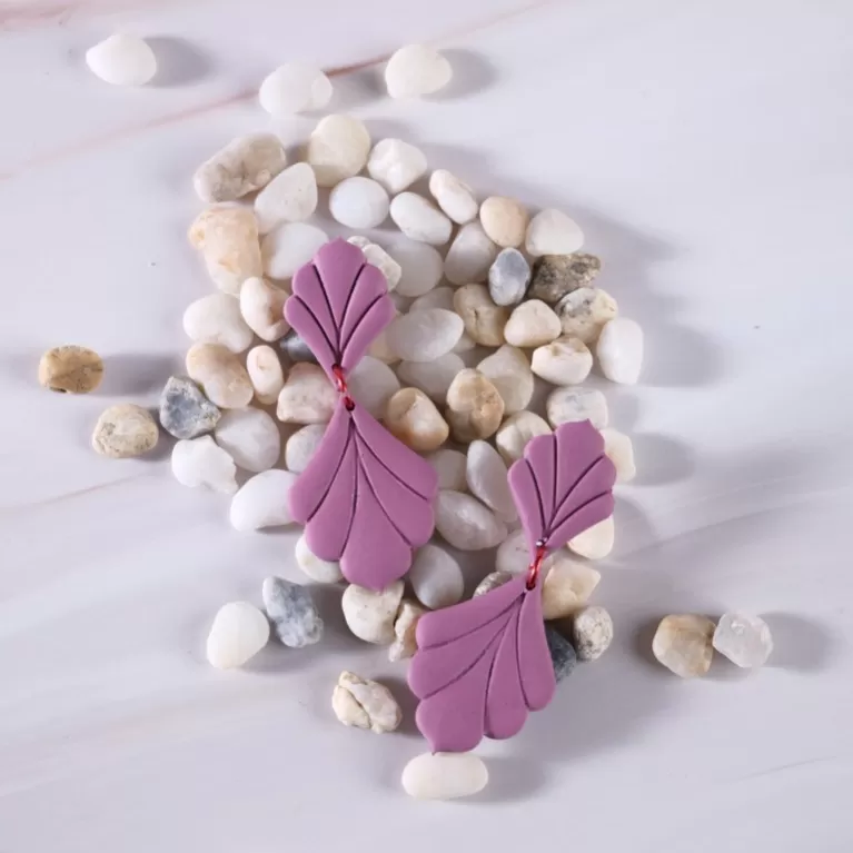 sabrina clay earrings, fan-shaped design with vein patterns, feminine and delicate style, pairs well with various outfits